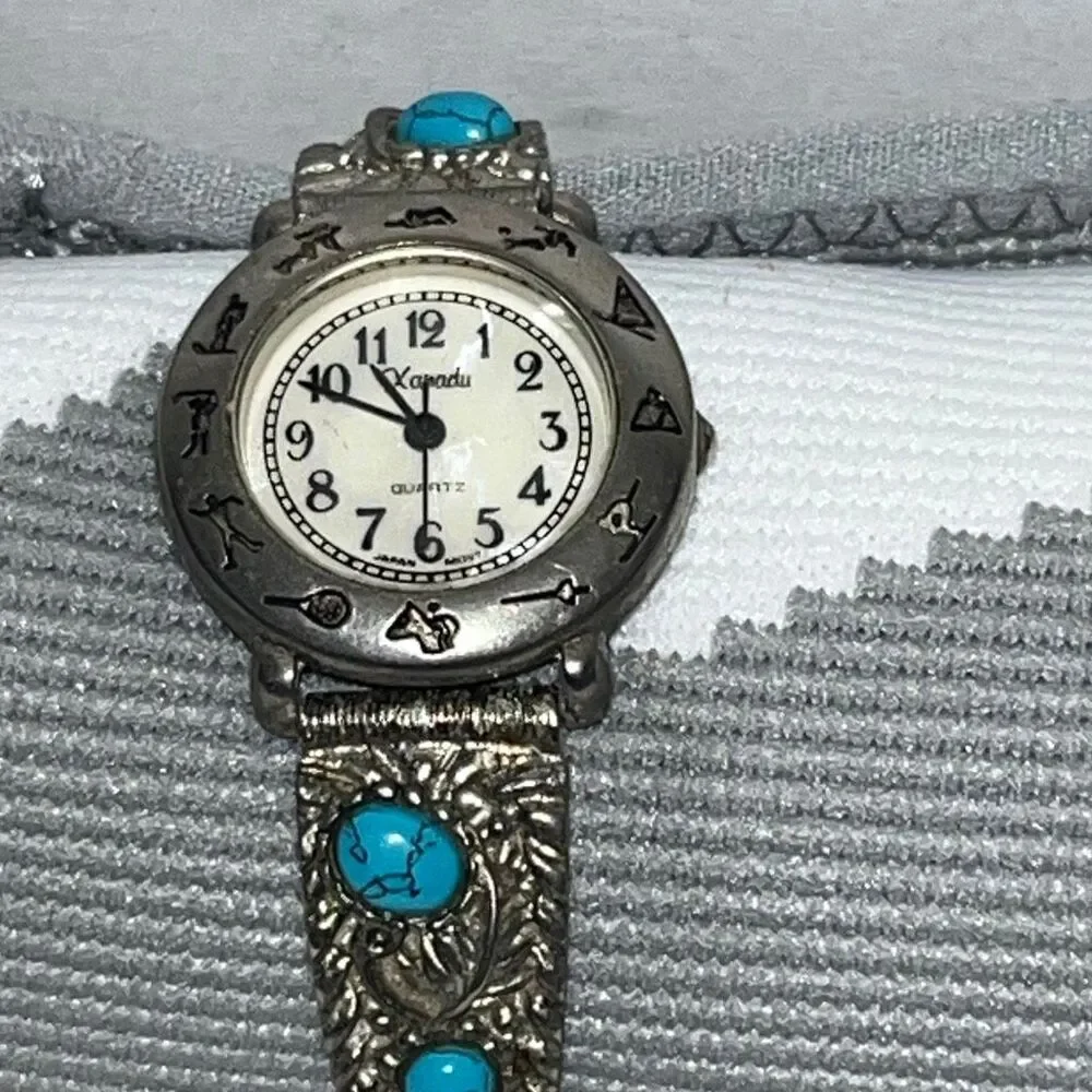 Vintage Xanadu Women's Silver Blue Faux Turquoise‎ Elastic Band Quartz Southwest